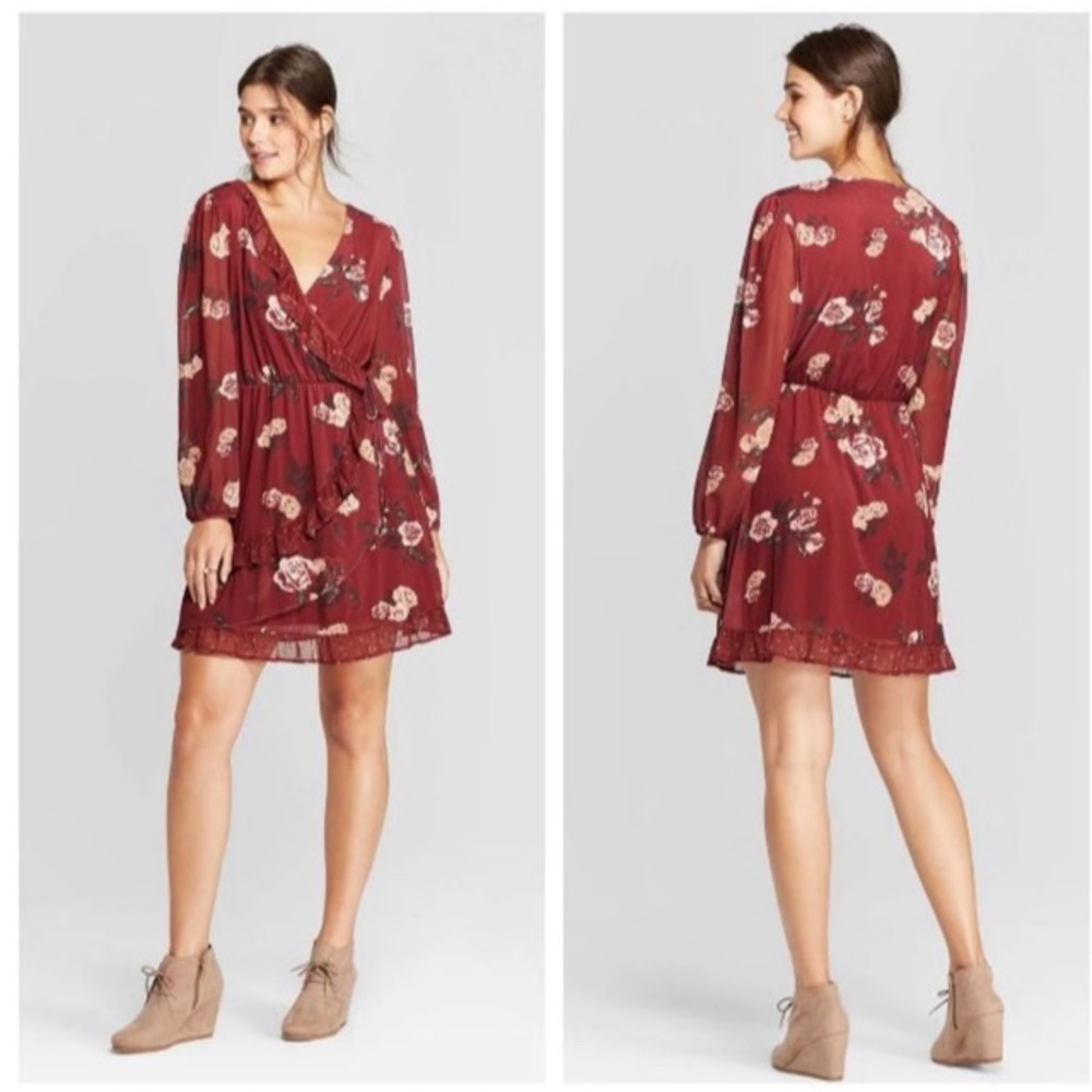 Long Sleeve Mesh Floral Wrap Mini Dress